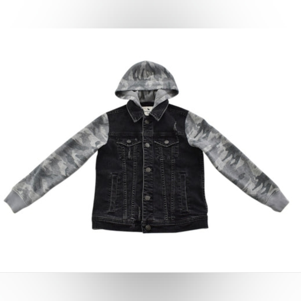 Abercrombie Black Denim Jacket with Gray Camo Sleeves - 15/16 Kids/Small Women